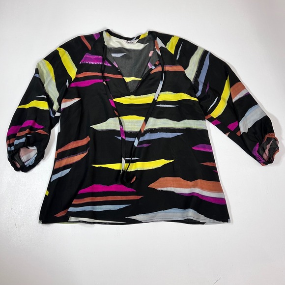 Tucker Tops - Tucker Silk Blouse M Black Multicolor Abstract Art to Wear Tie Neck
